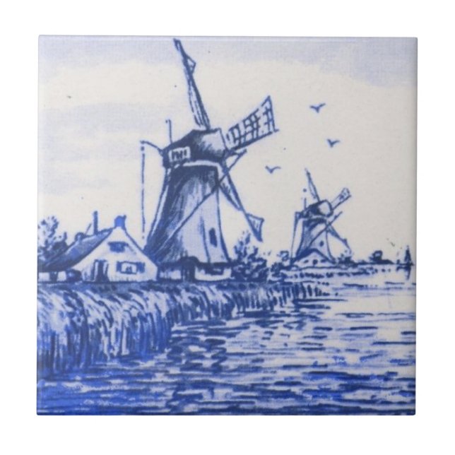 Antique Repro Blue Delft Dutch Windmill Tile (Front)