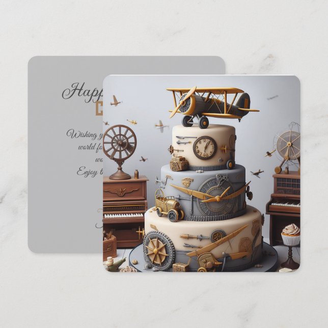 ANTIQUE RETRO AIRPLANE CAKE BIRTHDAY CARD (Front/Back)
