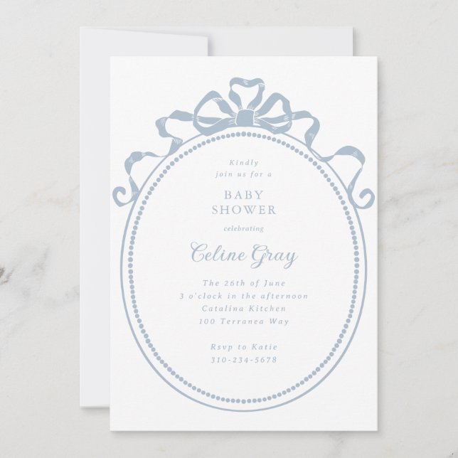 Antique Ribbon Bow Victorian Blue Baby Shower Invitation (Front)