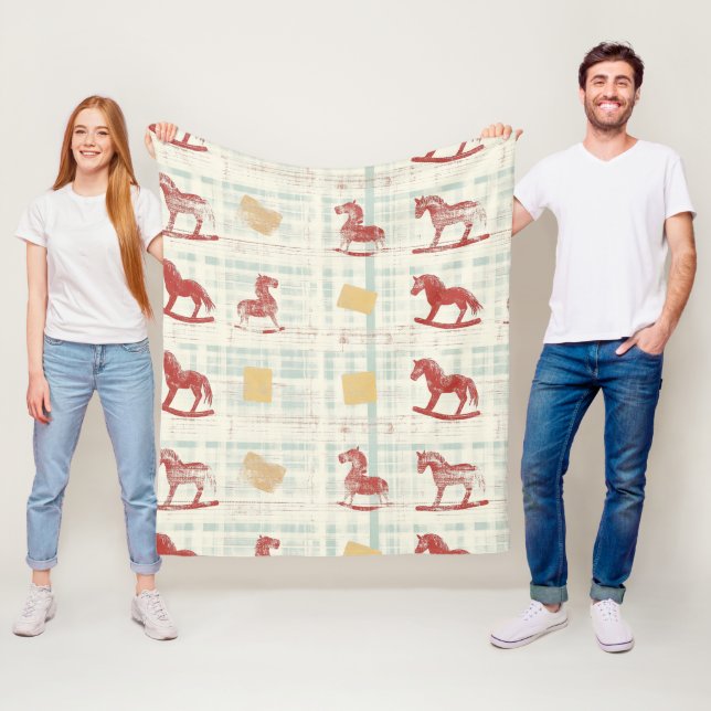 Antique Rocking Horse Teal Plaid Pattern Fleece Blanket (In Situ)