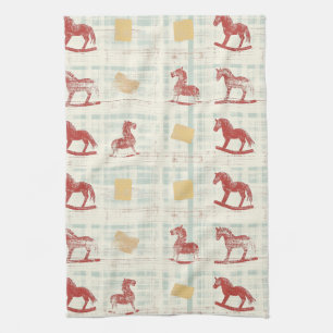 Antique Rocking Horse Teal Plaid Pattern Tea Towel
