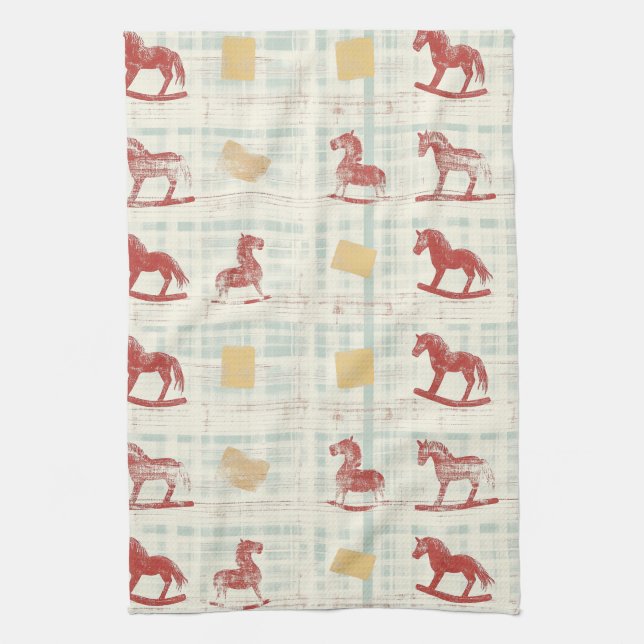 Antique Rocking Horse Teal Plaid Pattern Tea Towel (Vertical)