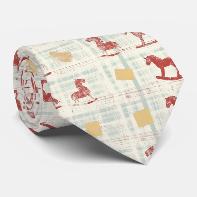 Antique Rocking Horse Teal Plaid Pattern Tie (Rolled)