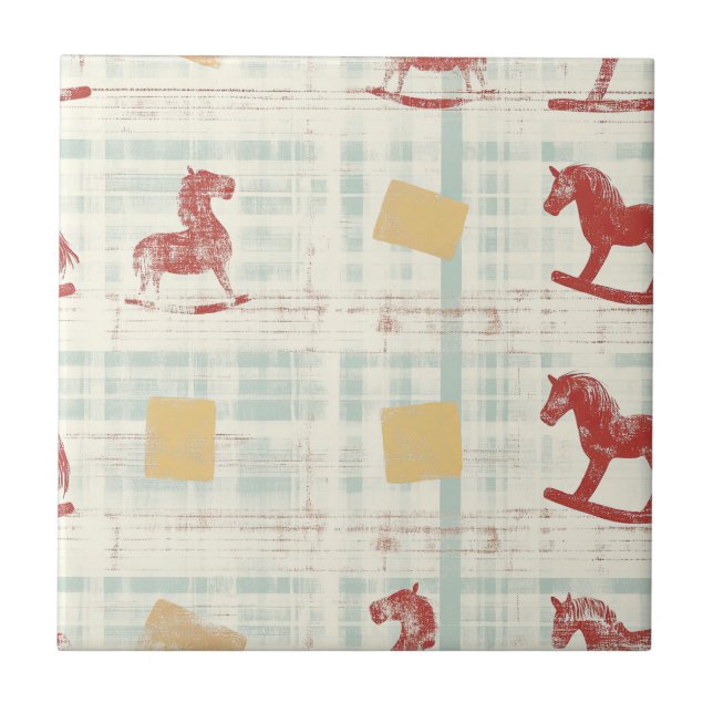 Antique Rocking Horse Teal Plaid Pattern Tile (Front)
