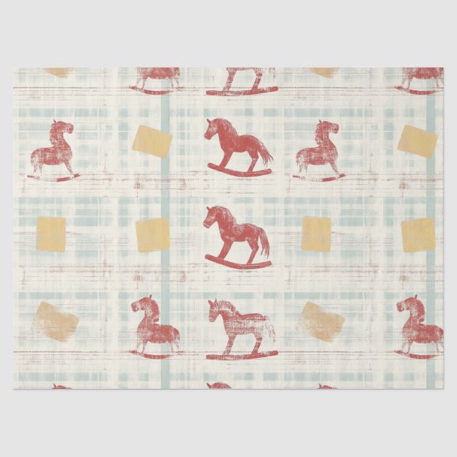 Antique Rocking Horse Teal Plaid Pattern Tissue Paper (Front)