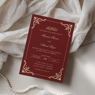 Antique Rococo Frame Gold Burgundy Muslim Wedding Invitation