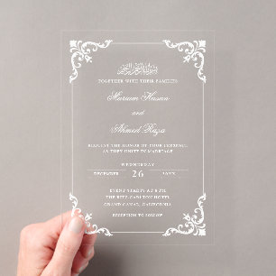 Antique Rococo Lace Frame White Muslim Wedding Acrylic Invitations
