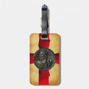 ANTIQUE ROMAN BRONZE MEDALLION Red Ribbon Luggage Tag