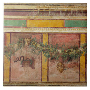 ANTIQUE ROMAN FRESCO,SATYR MASK,GARLAND,FRUITS  TILE