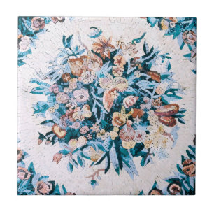 Antique Roman Italian Elegant Floral Mosaic Blue Tile