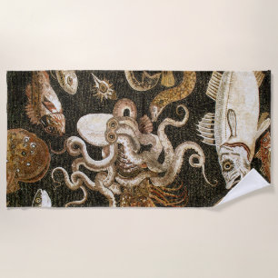 Antique Roman Mosaic Pompeii Sea Life Stone Mosaic Beach Towel