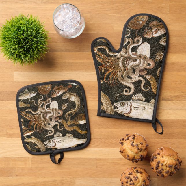 Antique Roman Mosaic Pompeii Sea Life Stone Mosaic Oven Mitt & Pot Holder Set (Top Down)