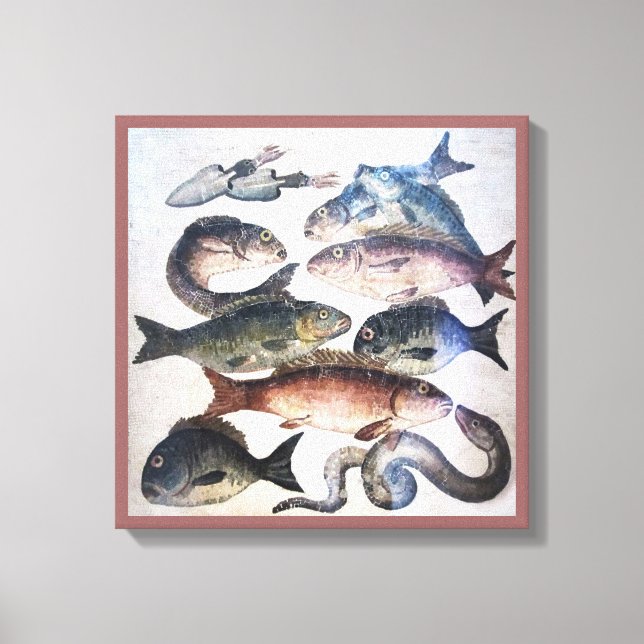 ANTIQUE ROMAN MOSAICS, FISHES,OCEAN SEA LIFE SCENE CANVAS PRINT (Front)