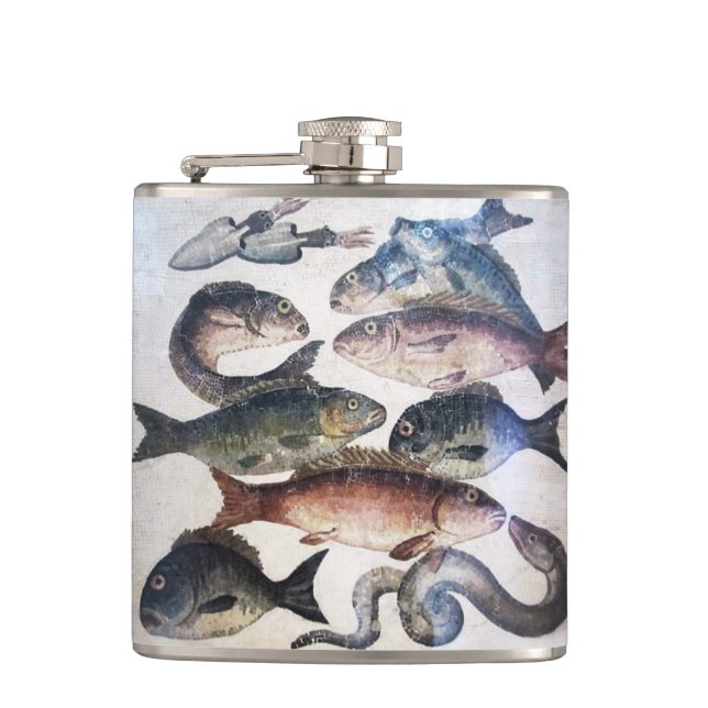 ANTIQUE ROMAN MOSAICS, FISHES,OCEAN SEA LIFE SCENE HIP FLASK (Front)