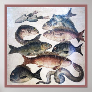 ANTIQUE ROMAN MOSAICS, FISHES,OCEAN SEA LIFE SCENE POSTER