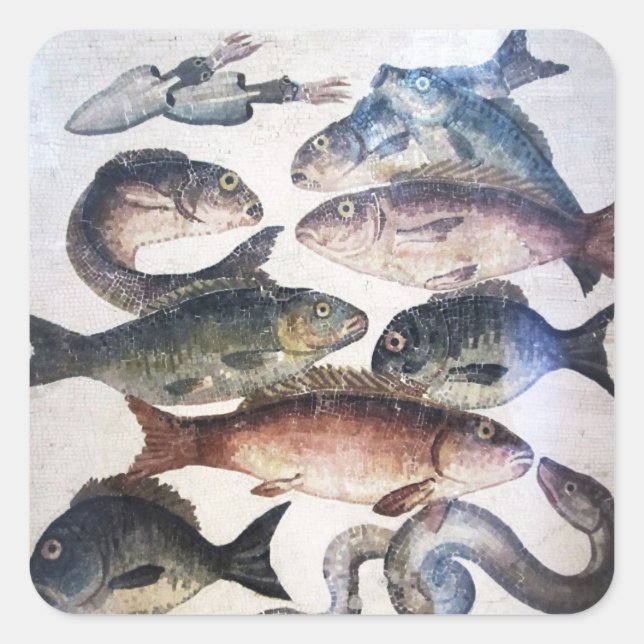 ANTIQUE ROMAN MOSAICS, FISHES,OCEAN SEA LIFE SCENE SQUARE STICKER (Front)