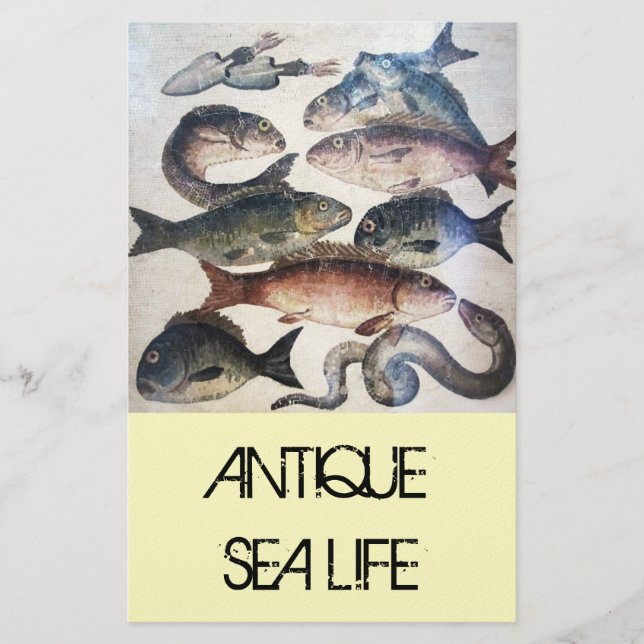 ANTIQUE ROMAN MOSAICS, FISHES,OCEAN SEA LIFE SCENE STATIONERY (Front)