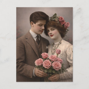Antique Romantic Couple Postcard with Roses 