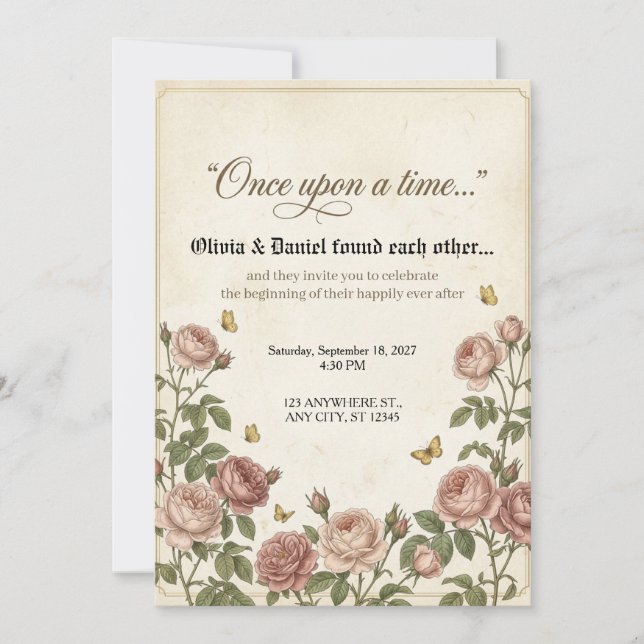 Antique Rose Fairytale Chapter Page Wedding Invitation (Front)