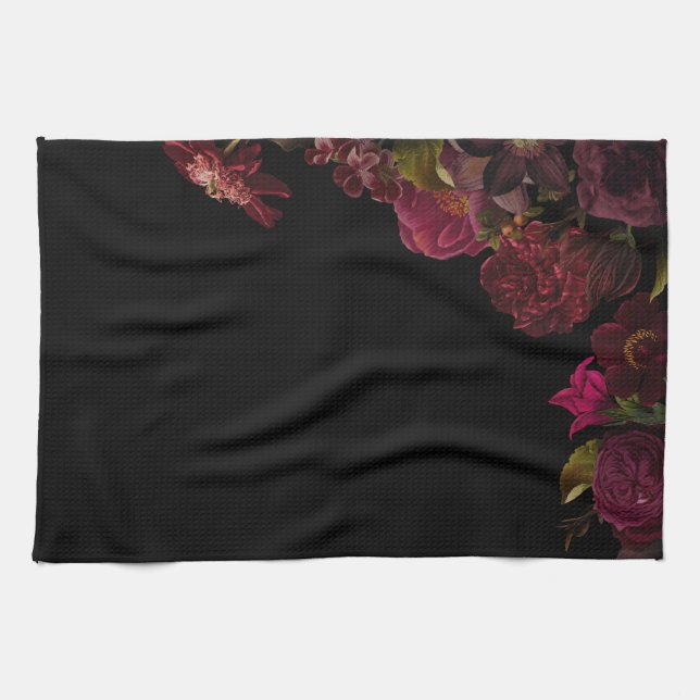 Antique Rose Flowers On Black Tea Towel (Horizontal)