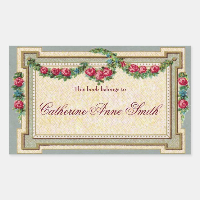 Antique Rose-Framed Bookplate Rectangular Sticker (Front)