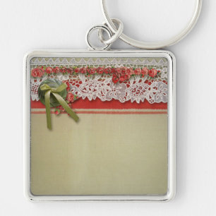 Antique Rose Lace Rustic Red Victorian Burlap Key Ring