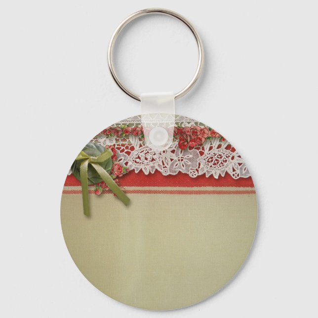 Antique Rose Lace Rustic Red Victorian Burlap Key Ring (Front)