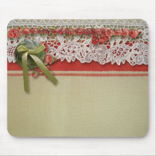 Antique Rose Lace Rustic Red Victorian Burlap Mouse Pad