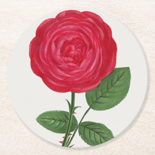 Antique Rose Lithograph, François-Frédéric Grobon Round Paper Coaster (Front)