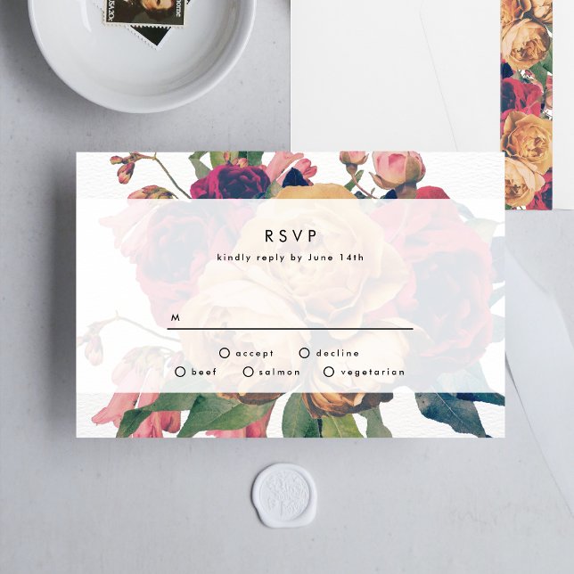 Antique Roses Botanical Fete Wedding RSVP Card (Creator Uploaded)