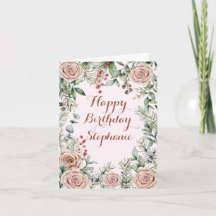 Antique Roses Eucalyptus Pink Floral Watercolor Card
