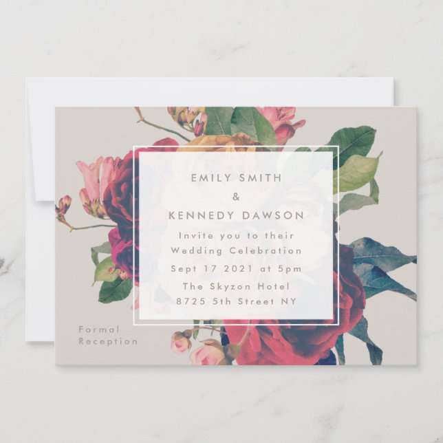 Antique Roses Vintage Beige Wedding Invitation (Front)