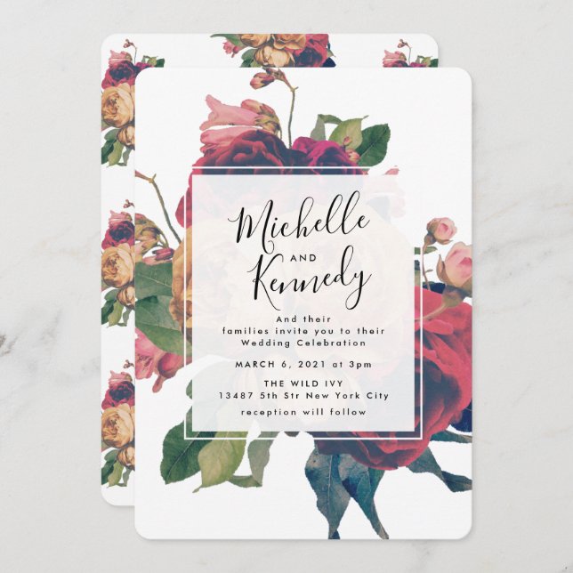 Antique Roses Vintage Bohemian Wedding Invitation (Front/Back)