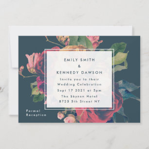 Antique Roses Vintage Navy Wedding Invitation