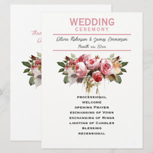 Antique Roses Watercolor Pink Wedding Programme