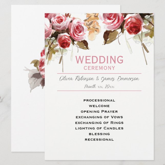 Antique Roses Watercolor Pink Wedding Programme (Front/Back)