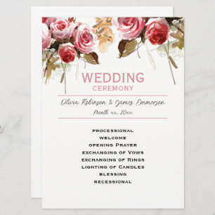 Antique Roses Watercolor Pink Wedding Programme