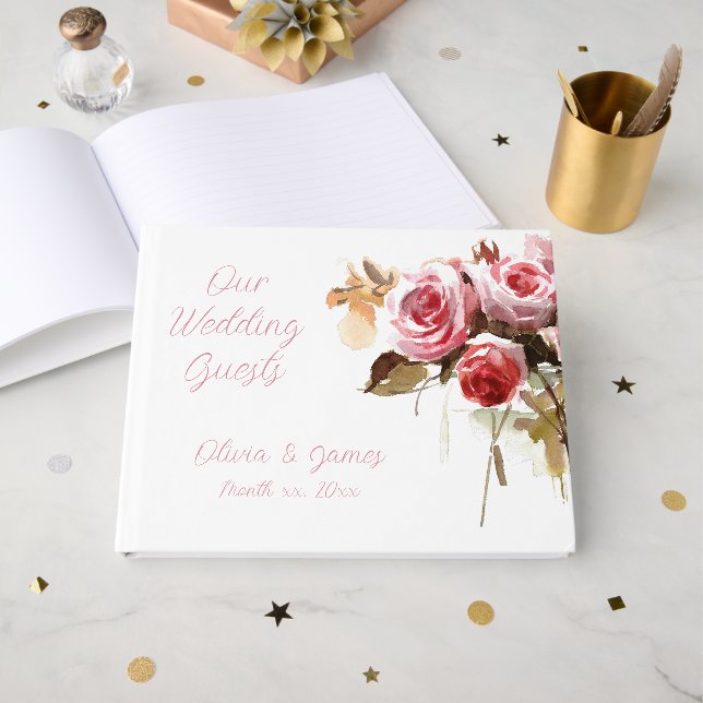 Antique Roses Watercolor Pink Wedding Reception Guest Book (Front Open)