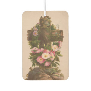 Antique Rustic Cross, Wild Roses, Easter Card, Car Air Freshener