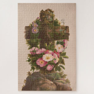 Antique Rustic Cross, Wild Roses, Easter Card, Jigsaw Puzzle