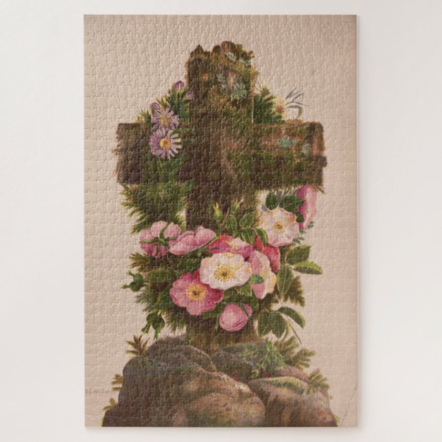 Antique Rustic Cross, Wild Roses, Easter Card, Jigsaw Puzzle (Vertical)