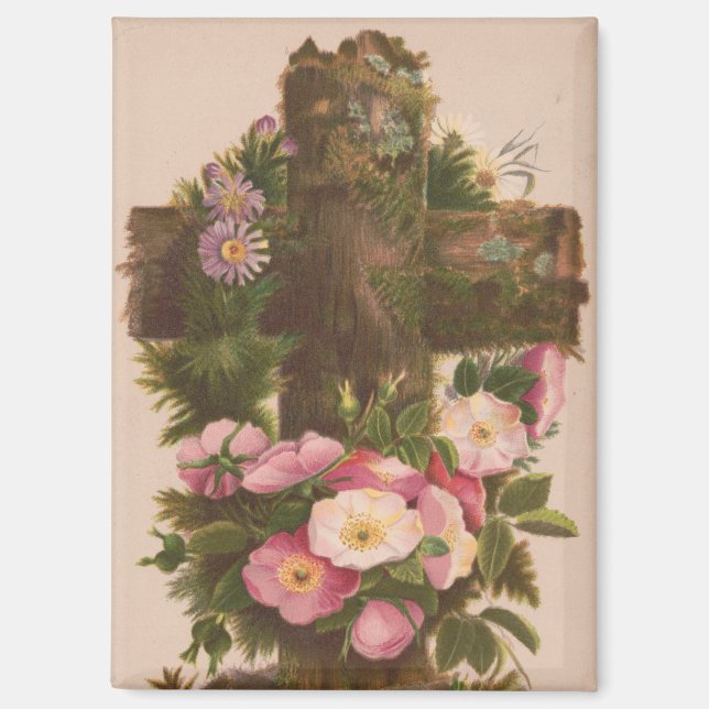 Antique Rustic Cross, Wild Roses, Easter Card, Magnet (Front)