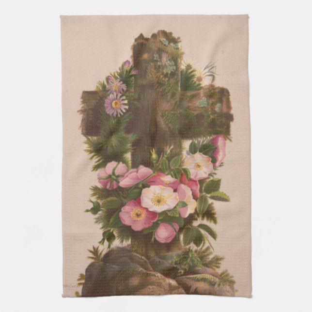 Antique Rustic Cross, Wild Roses, Easter Card, Tea Towel (Vertical)