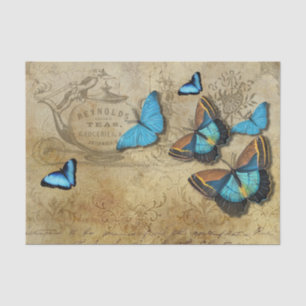 Antique Rustic Decoupage N Blue Butterflies Tea Tissue Paper