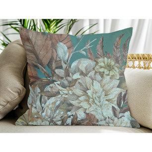 Antique Rustic Flowers Painted Over Teal  Cushion