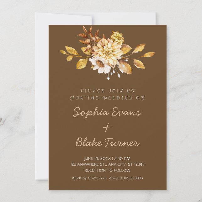Antique Rustic Soft Floral Dark Brown Wedding Invitation (Front)
