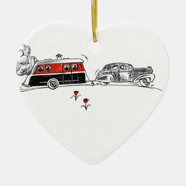 Antique RV Camper and Car Drawing Ceramic Tree Decoration (Front)