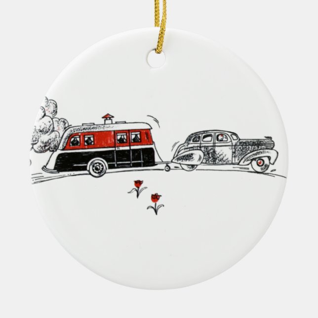 Antique RV Camper and Car Drawing | Retired Travel Ceramic Tree Decoration (Front)