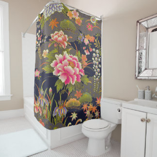 Antique Sage Green Japanese Kimono Floral Flower Shower Curtain