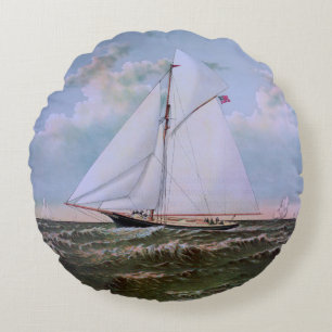 Antique Sailing Ship Sloop Yacht Sailboat Ocean Round Cushion